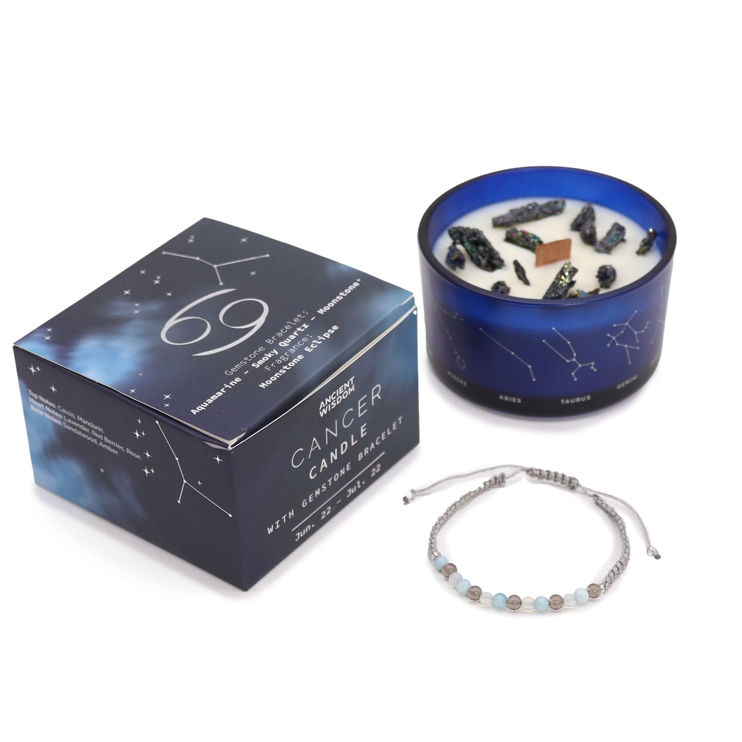 Bliss Zodiac Crystal Candle with Gemstone Bracelet - Cancer