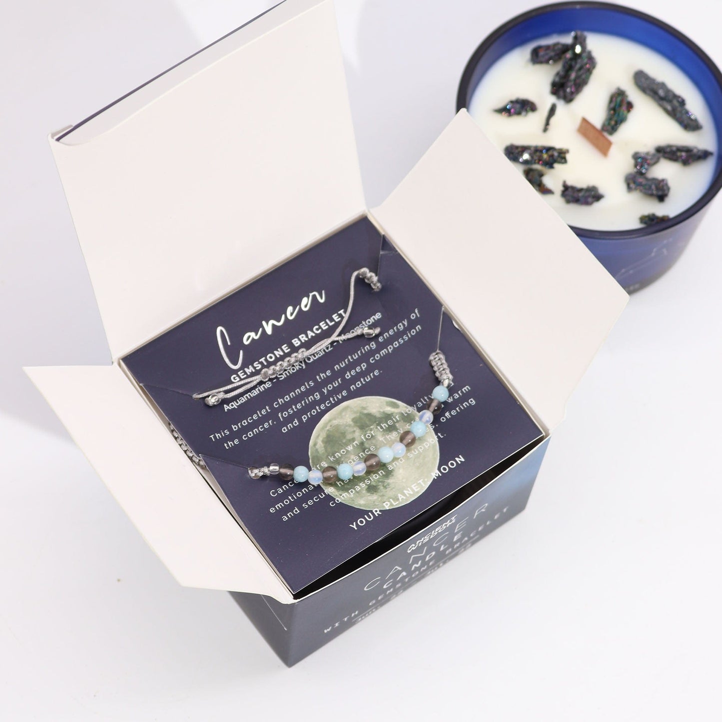 Bliss Zodiac Crystal Candle with Gemstone Bracelet - Cancer