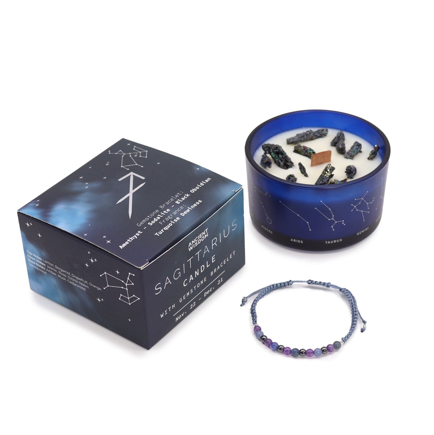 Bliss Zodiac Crystal Candle with Gemstone Bracelet - Sagittarius