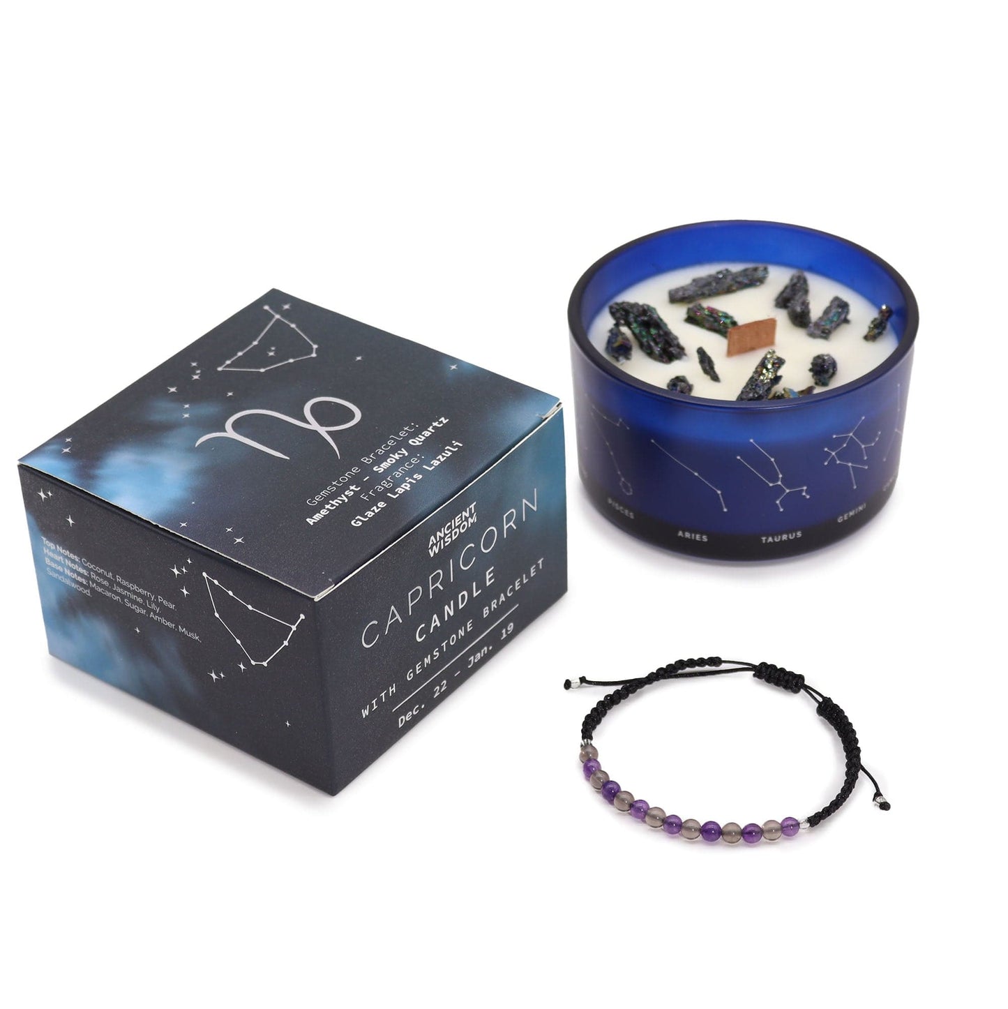 Bliss Zodiac Crystal Candle with Gemstone Bracelet - Capricorn