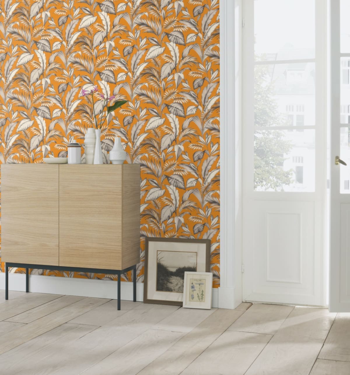 Bricocenter WALLPAPER FERN GREY ON MUSTARD BACKGROUND 53CMX10.5M