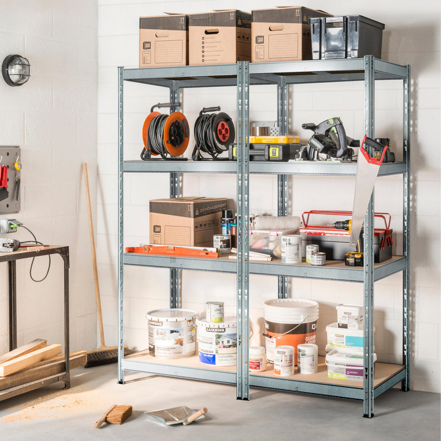 Set of 2 Pokerino shelving units, 4 shelves, 90x40xH180 cm, 200 kg capacity, grey