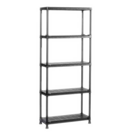 5-shelf resin shelving unit, 71cm (L) x 35cm (W) x 180cm (H), black, load capacity 30kg per shelf