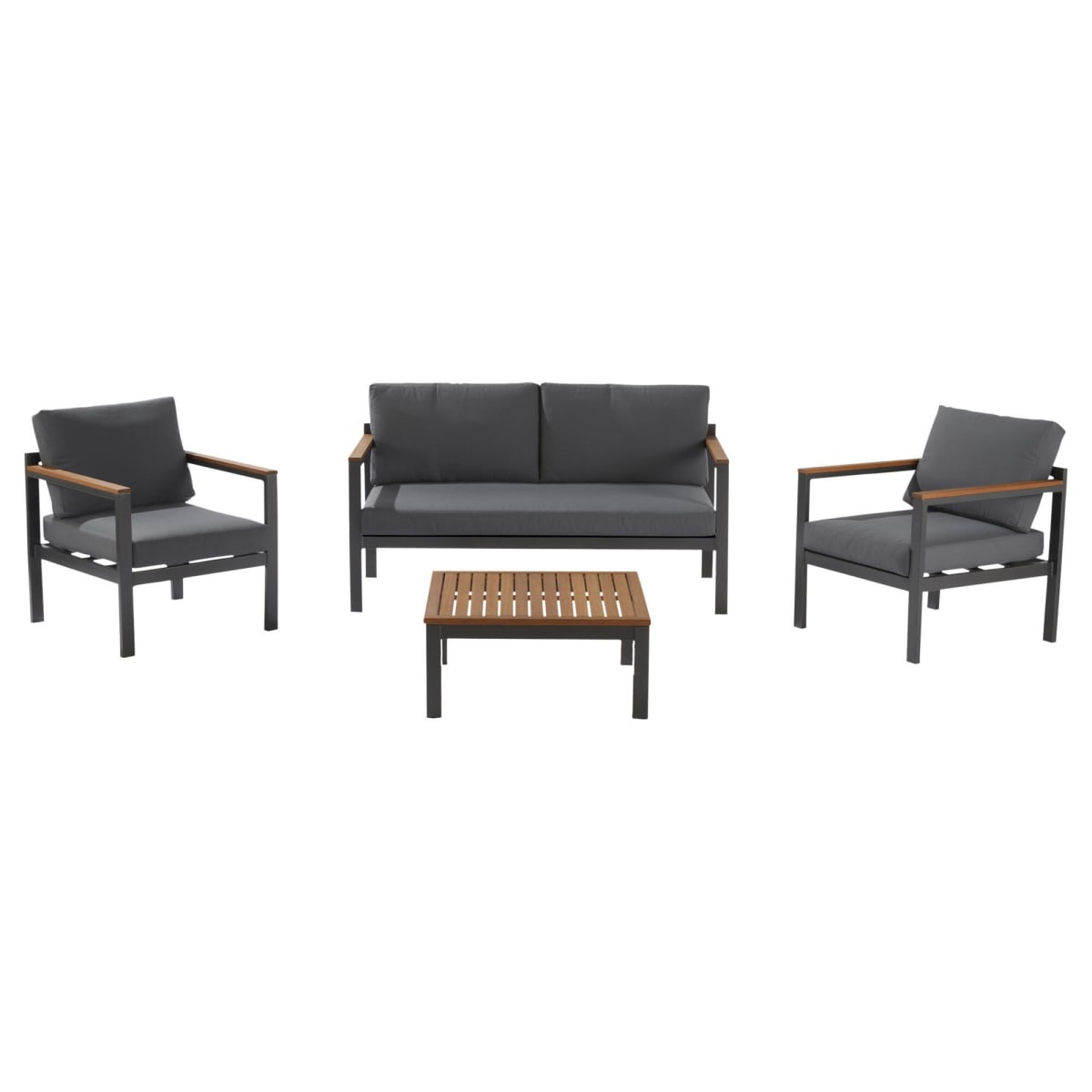 COFFEE SET ORIS 2 NATERIAL 4 SEATS ALUMINUM AND EUCALYPTUS WOOD WITH CUSHIONS