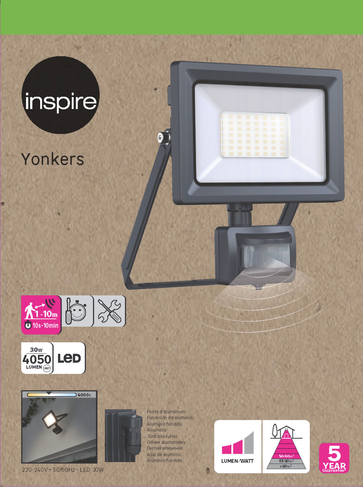 YONKERS ALUMINIUM PROJECTOR BLACK LED30W WITH MOTION SENSOR
