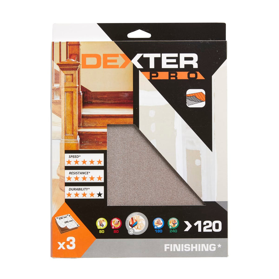 Rete abrasiva dexter pro per legno grana 120, 230x280mm, 3 pezzi