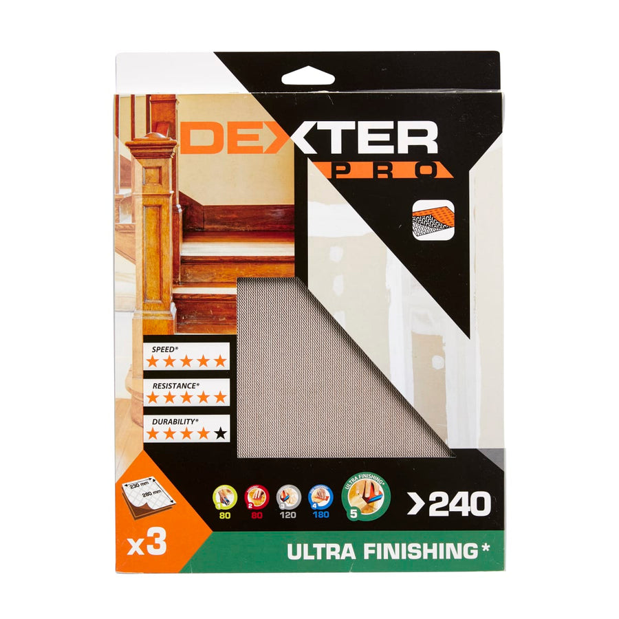 Rete abrasiva dexter pro per legno grana 240, 230x280mm, 3 pezzi