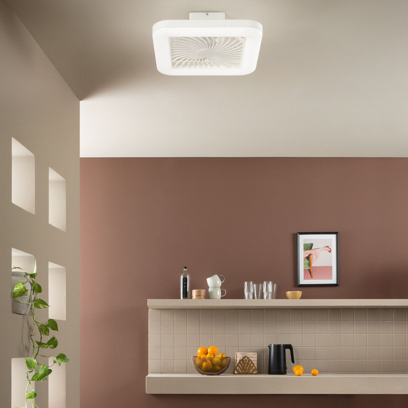 Merak ceiling light with fan, 48x48cm, 40W LED, 5400 lm, CCT RGB, Bluetooth