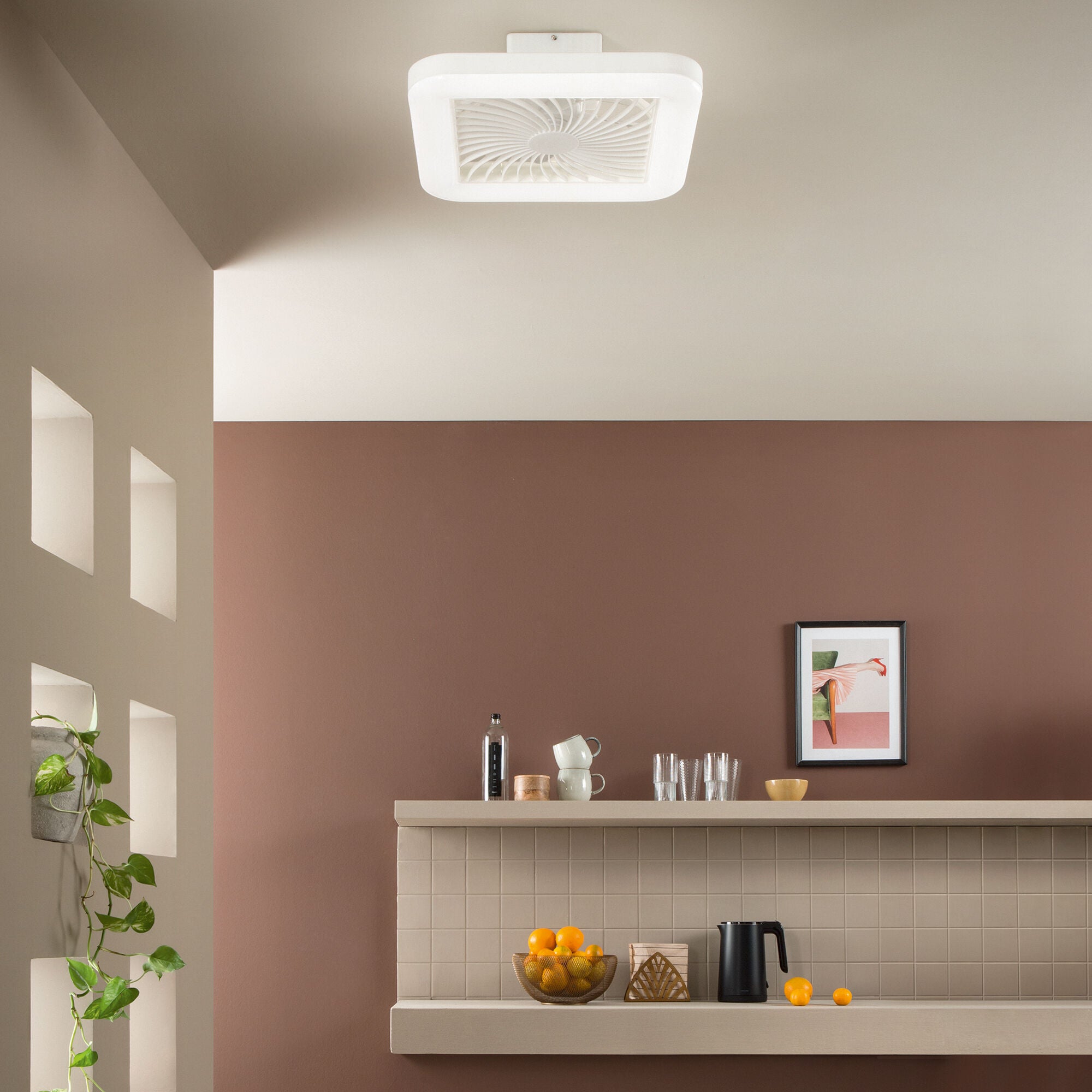 Merak ceiling light with fan, 48x48cm, 40W LED, 5400 lm, CCT RGB, Bluetooth