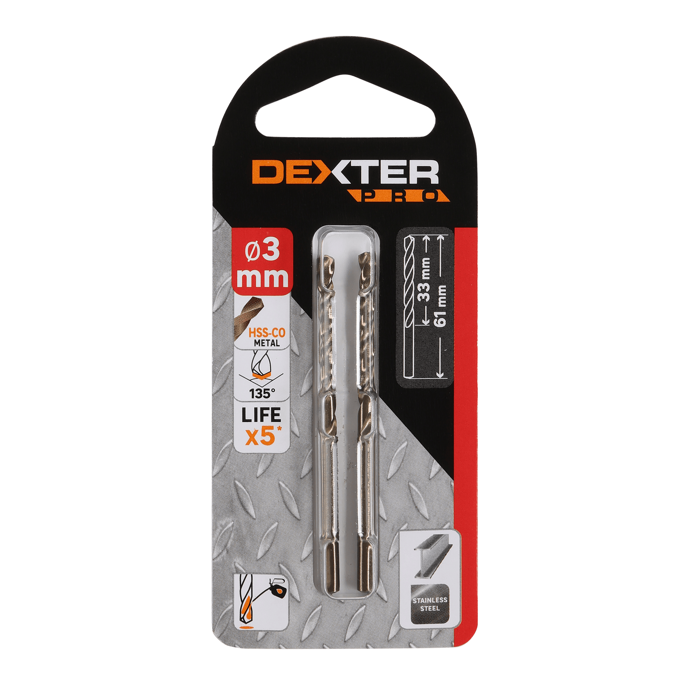 METAL DRILL BIT DEXTER PRO DIAM 3MM, LENGTH 61MM, CYLINDRICAL SHANK, 2 PCS.