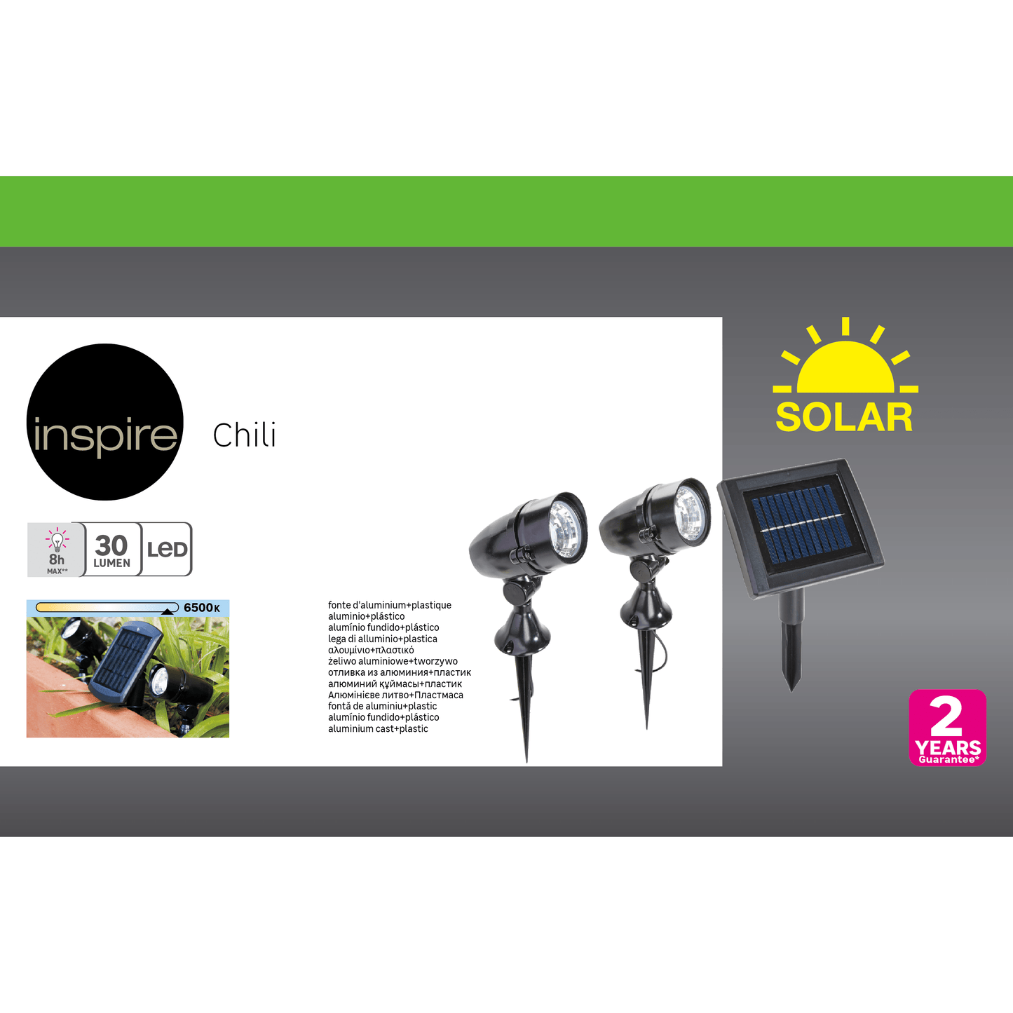 2 CHILI ALUMINIUM SOLAR PEGS BLACK 30X13 CM LED 4W COLD LIGHT IP44