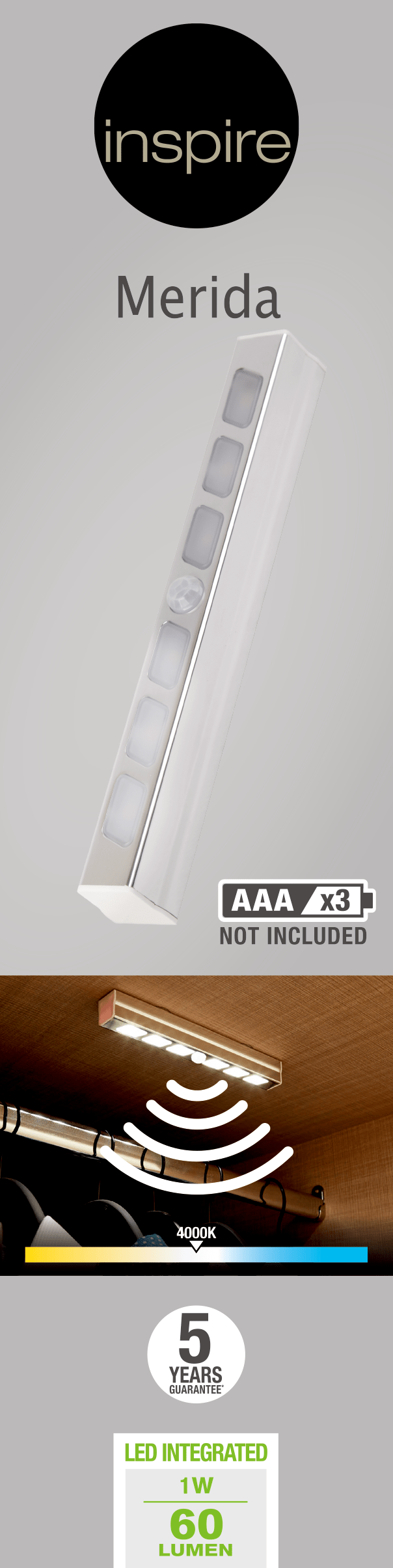 Bricocenter BARRA MERIDA 20 CM PLASTICA SILVER LED LUCE NATURALE CON BATTERIA CON SENSORE DI MOVIMENTO