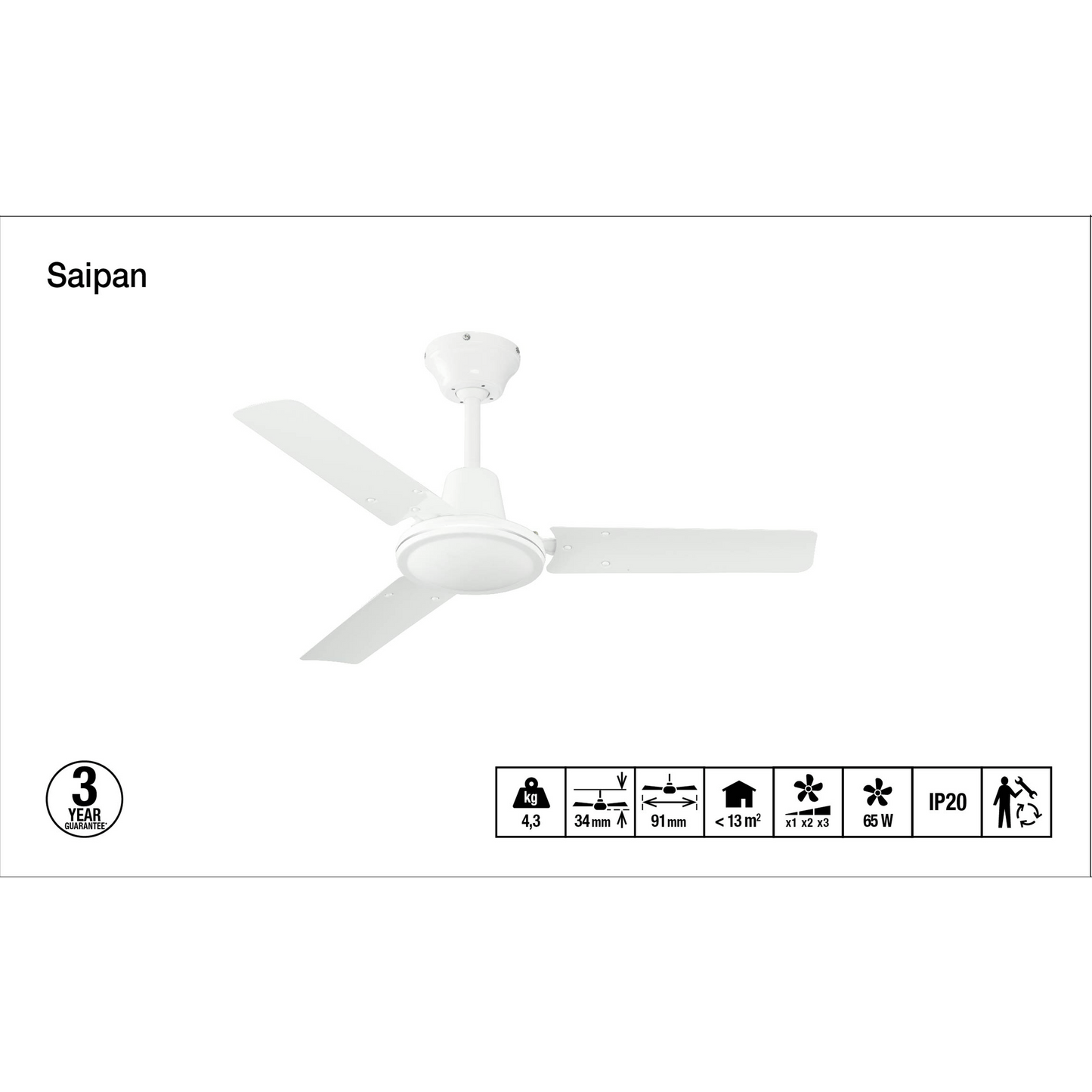 Bricocenter VENTILATORE DA SOFFITO SAIPAN 3 PALE D91 SENZA LUCE BIANCO