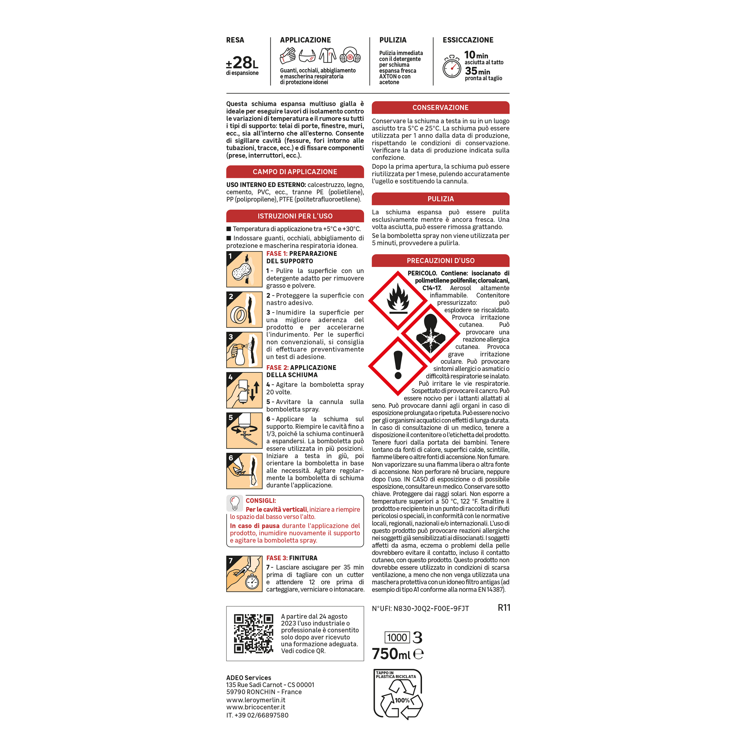Bricocenter BI PACK MULTI-PURPOSE POLYURETHANE FOAM 750 ML AXTON