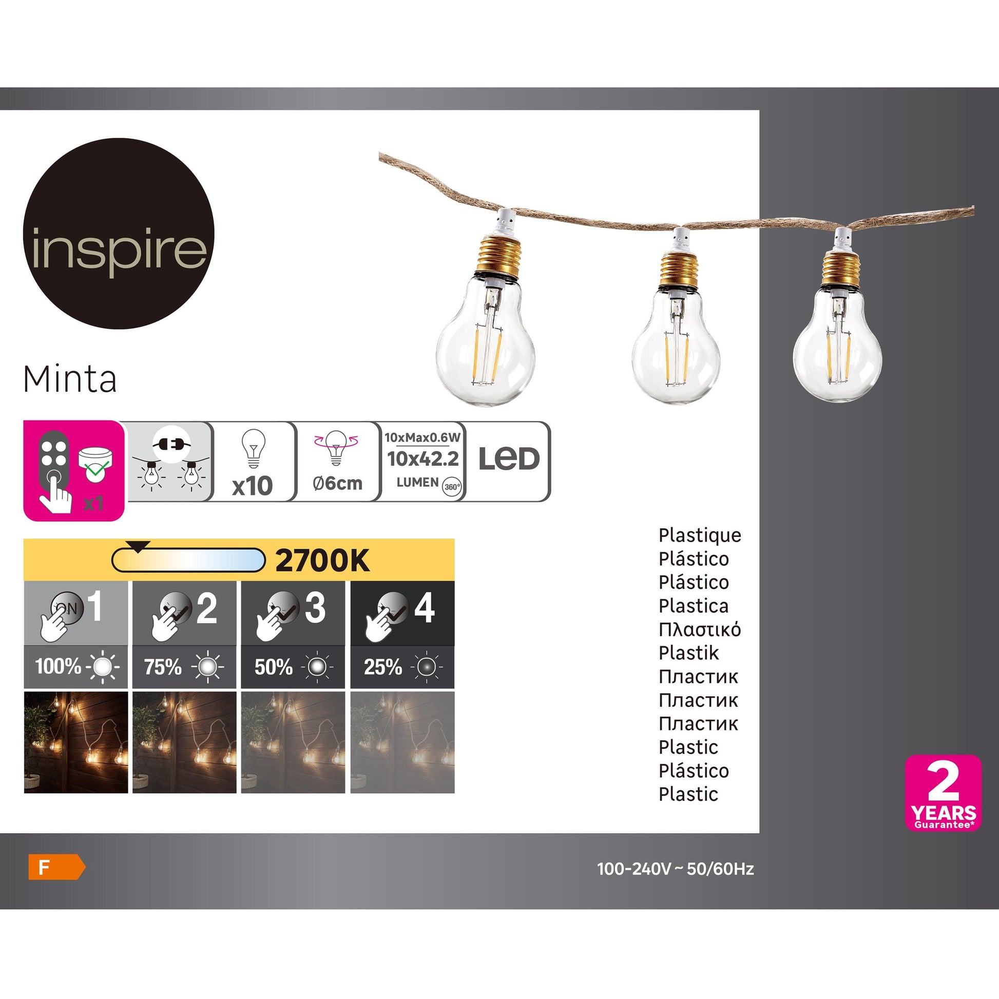 Bricocenter MINTA LIGHT GARLAND 5MT NATURAL ROPE LED 6W WARM LIGHT IP44 WITH REMOTE CONTROL