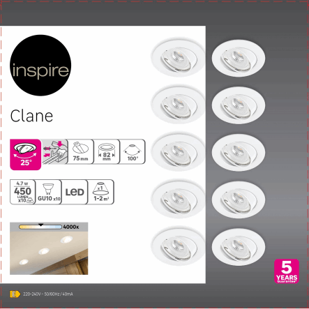 Bricocenter 10 RECESSED SPOTLIGHTS CLANE ALUMINIUM WHITE D7.5 LED GU10 = 6W ADJUSTABLE NATURAL LIGHT