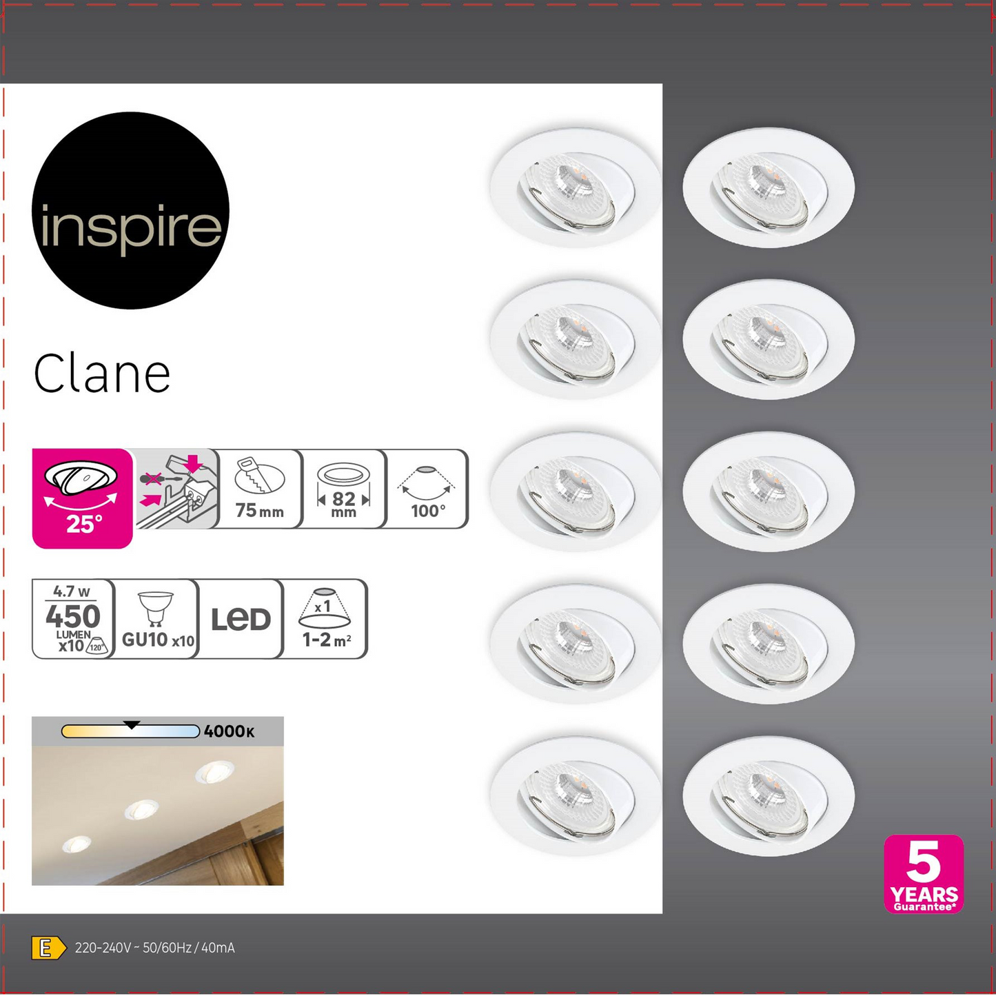 10 RECESSED SPOTLIGHTS CLANE ALUMINIUM WHITE D7.5 LED GU10 = 6W ADJUSTABLE NATURAL LIGHT