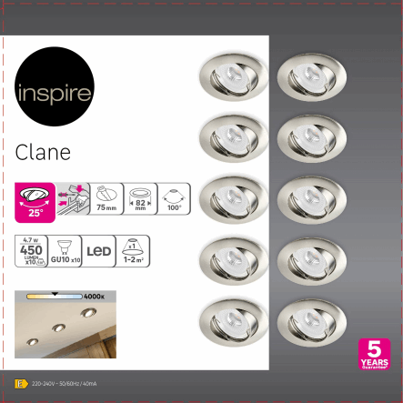 10 RECESSED SPOTLIGHTS CLANE ALUMINIUM NICKEL D7.5 GU10 = 6W ADJUSTABLE NATURAL LIGHT - best price from Maltashopper.com BR420005520