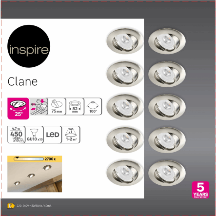 Bricocenter 10 RECESSED SPOTLIGHTS CLANE ALUMINIUM NICKEL D7.5 GU10 = 6W ADJUSTABLE WARM LIGHT