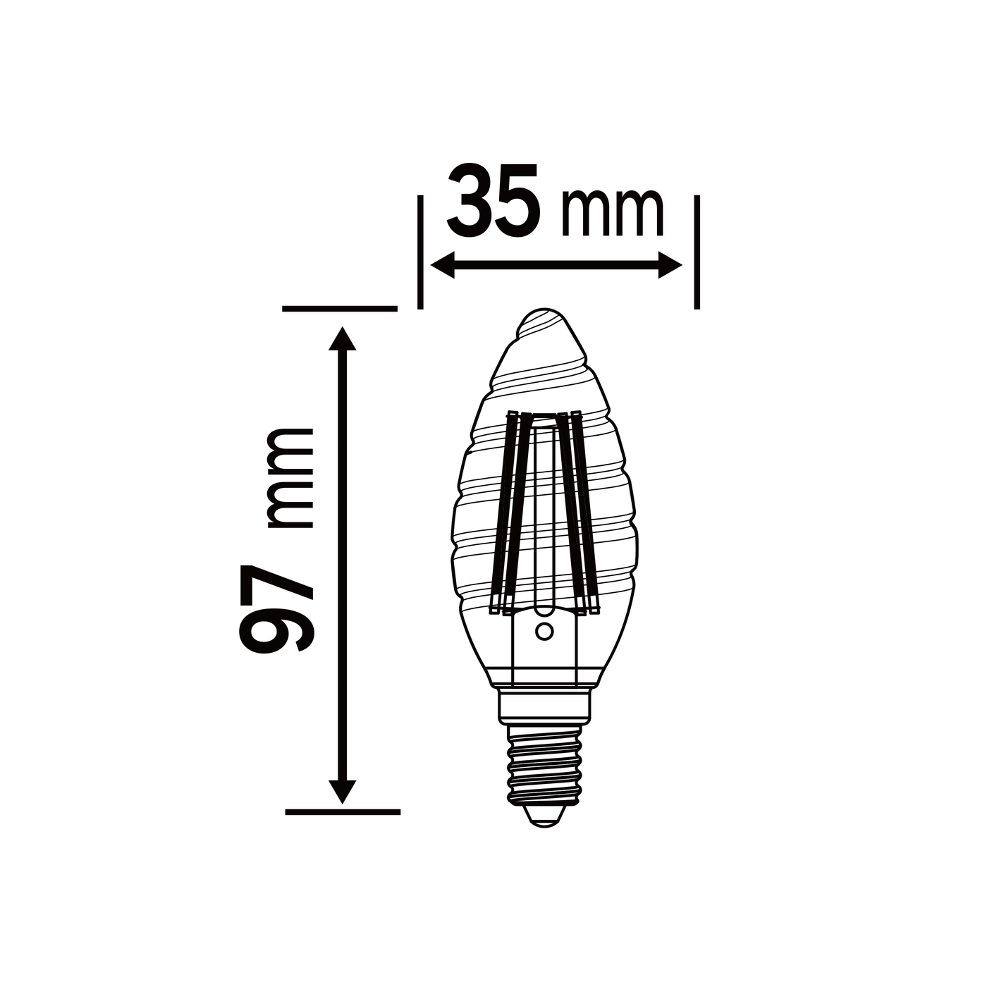 E14 LED bulb (40W equivalent), candle-style, twisted, transparent, natural light