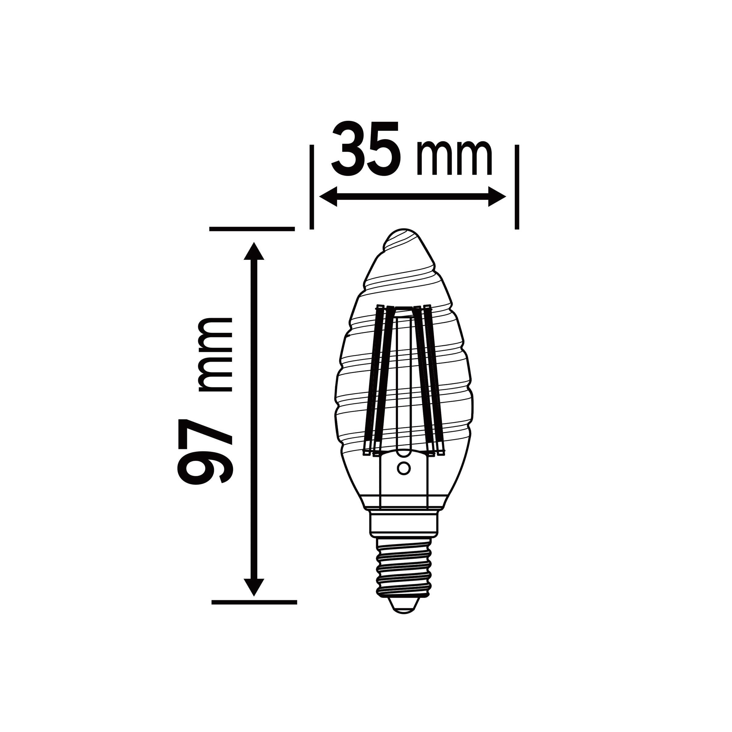 E14 LED bulb (40W equivalent), candle-style, twisted, transparent, natural light