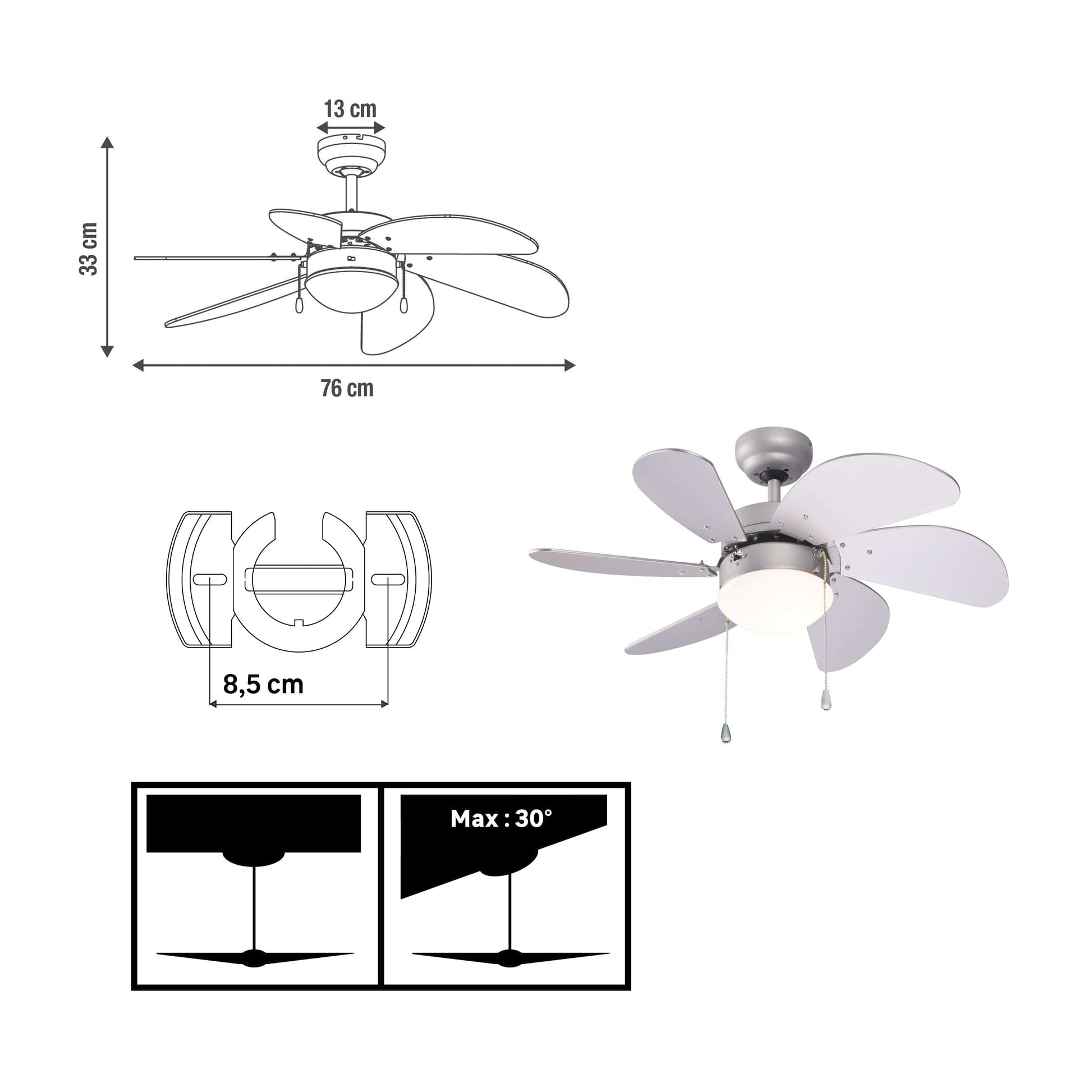 Bricocenter VENTILATORE DA SOFFITO TENERIFE 6 PALE D76 E27 60W METALLO LEGNO BIANCO E SILVER