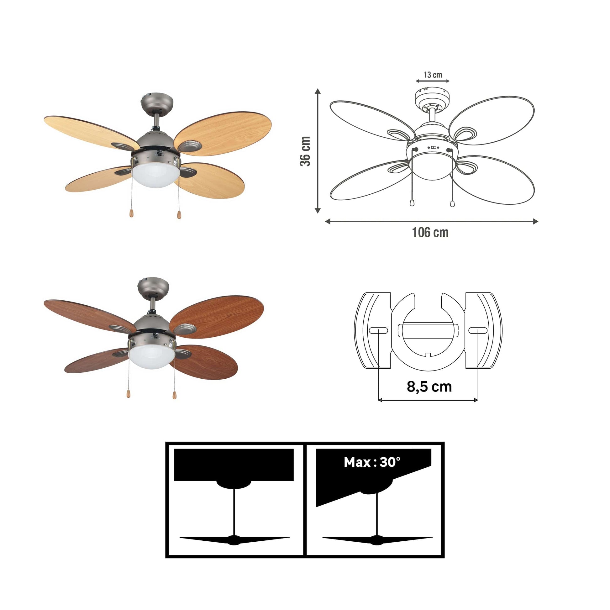 Bricocenter MAURICE CEILING FAN 4 BALE D106 2xE27 CHERRY WOOD