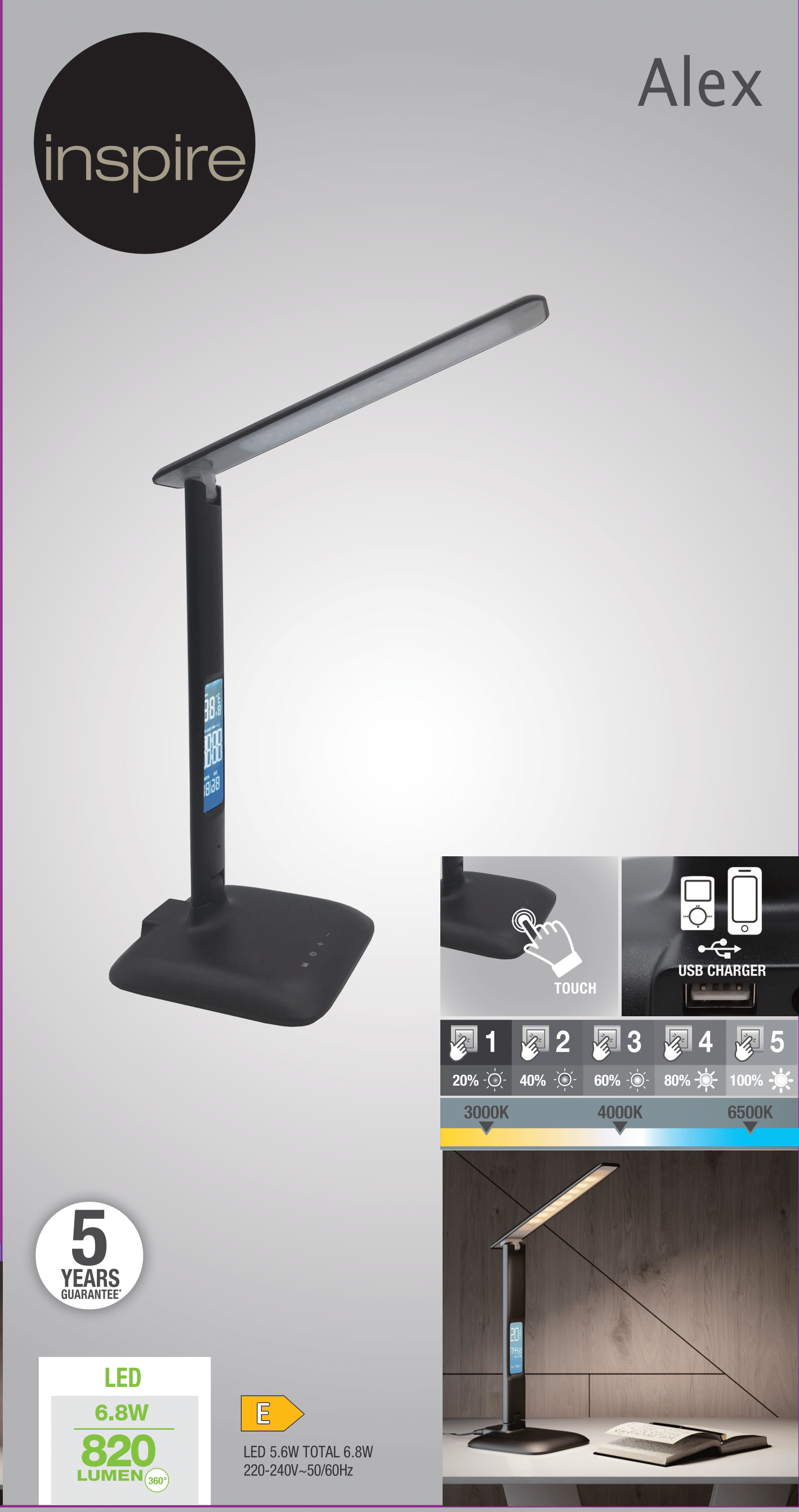 Bricocenter STUDIO LAMP ALEX PLASTIC BLACK H26 LED 5W 4 STEP WITH ALARM AND USB