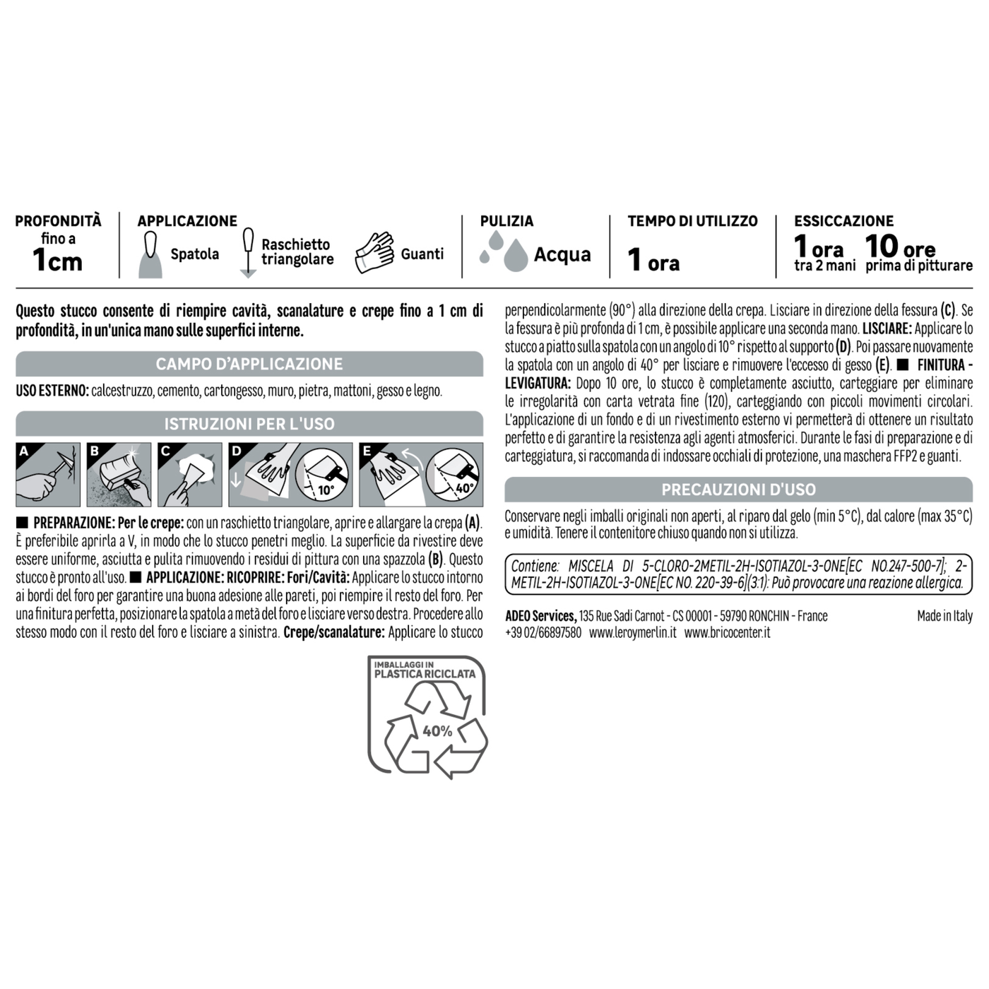 STUCCO RIEMPITIVO BIANCO IN PASTA PER INTERNO/ESTERNO AXTON 1 KG