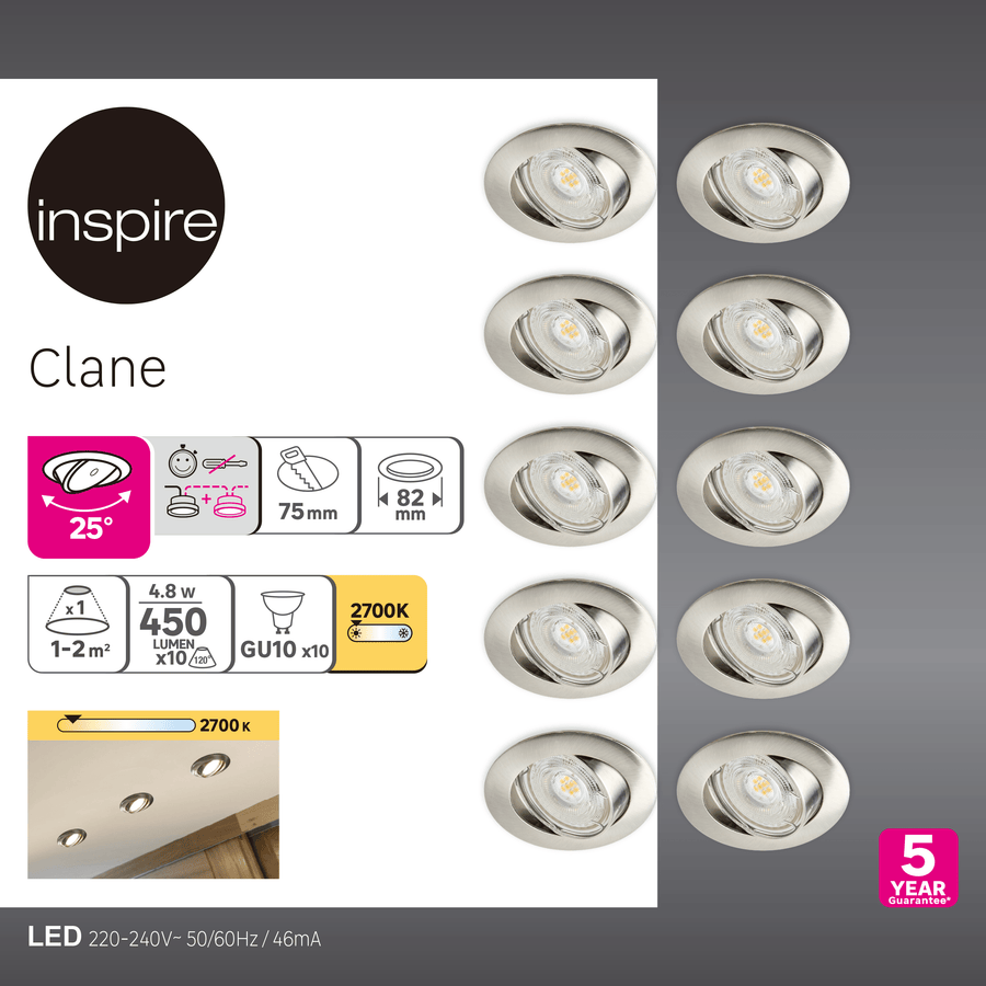 Bricocenter 10 RECESSED SPOTLIGHTS CLANE ALUMINIUM NICKEL D7.5 GU10 = 6W ADJUSTABLE WARM LIGHT