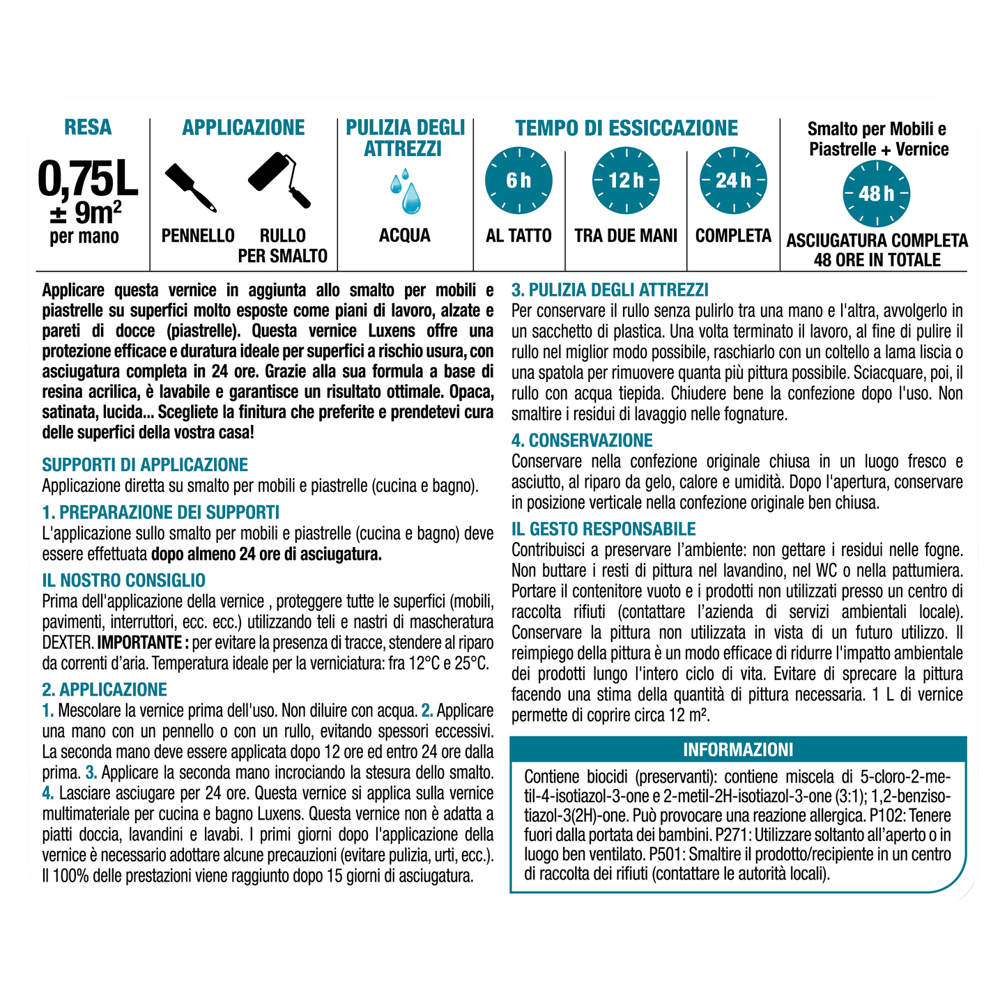 Bricocenter LUXENS TRANSPARENT MATT WATER-BASED KITCHEN AND BATHROOM FINISHING VARNISH 750 ML