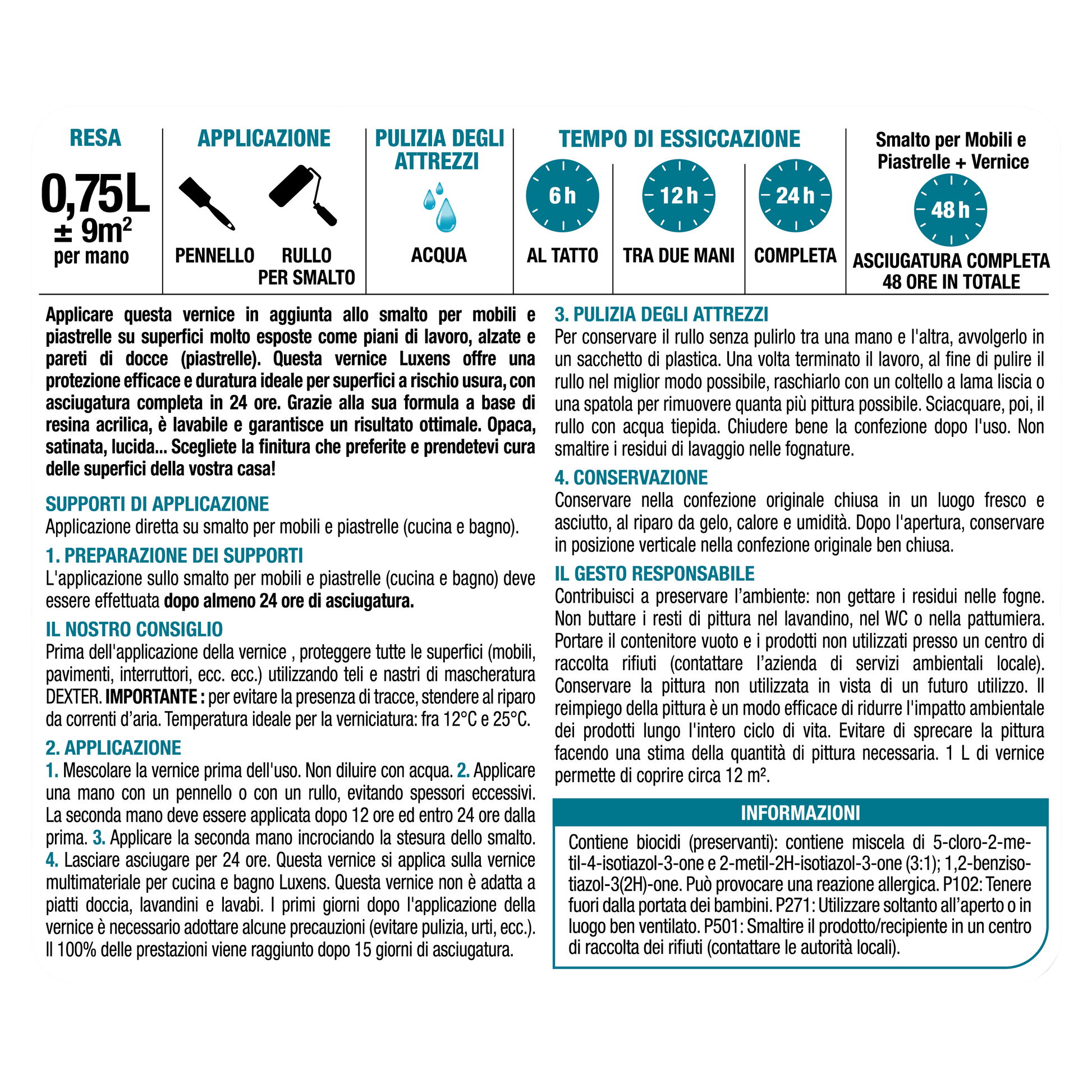 Bricocenter LUXENS TRANSPARENT MATT WATER-BASED KITCHEN AND BATHROOM FINISHING VARNISH 750 ML