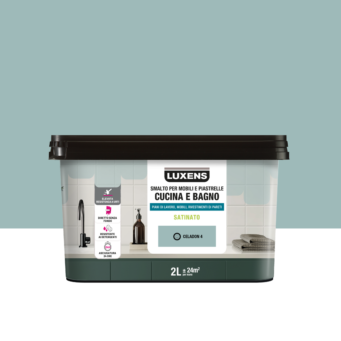 WATER-BASED ENAMEL FOR KITCHEN AND BATHROOM FURNITURE AND TILES GREY CELADON 4 SATIN LUXENS 2 L