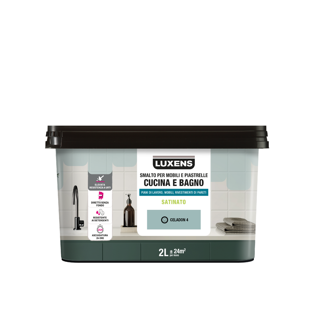 WATER-BASED ENAMEL FOR KITCHEN AND BATHROOM FURNITURE AND TILES GREY CELADON 4 SATIN LUXENS 2 L