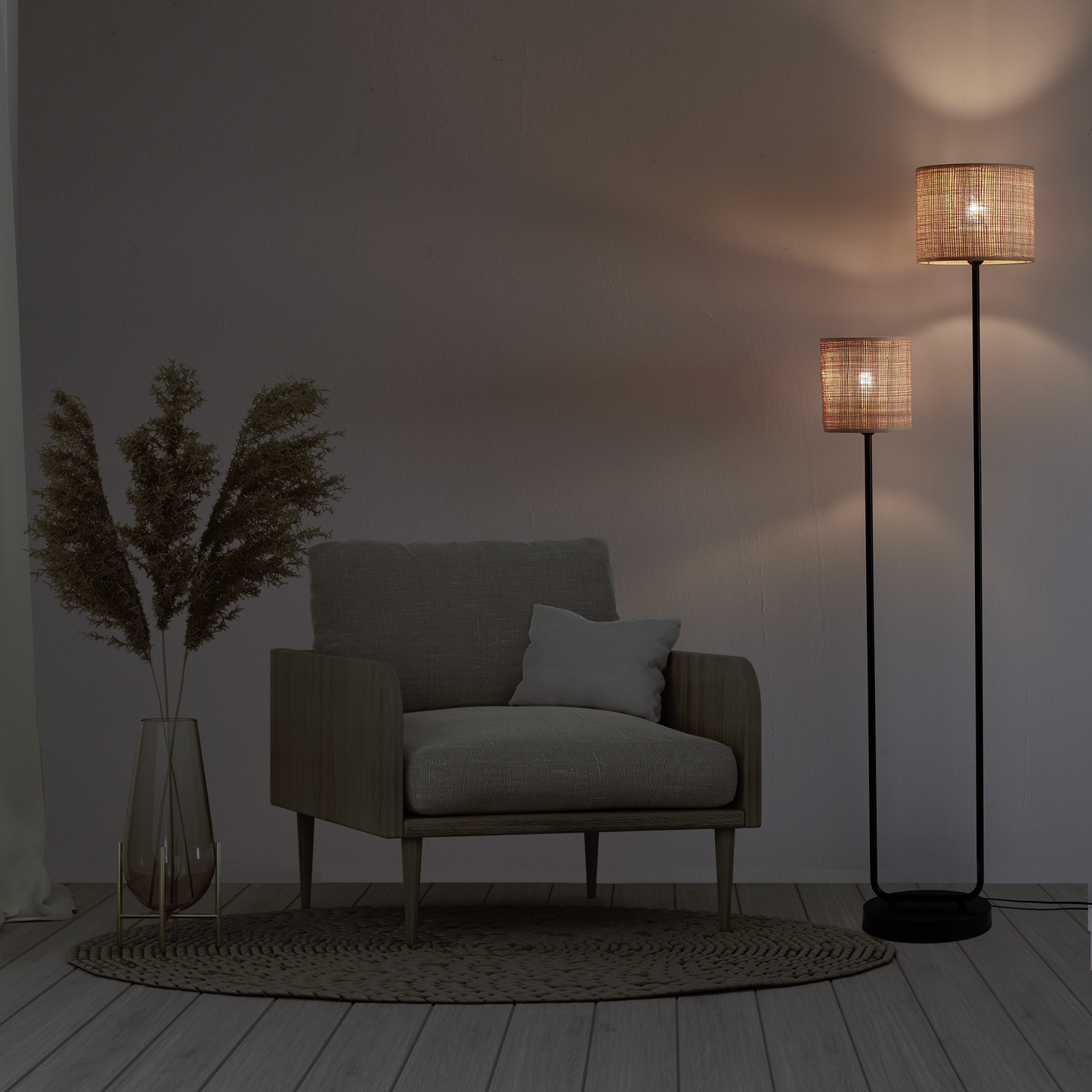 CARVI BLACK METAL AND NATURAL RAFFIA FLOOR LAMP H161 CM E27=40W