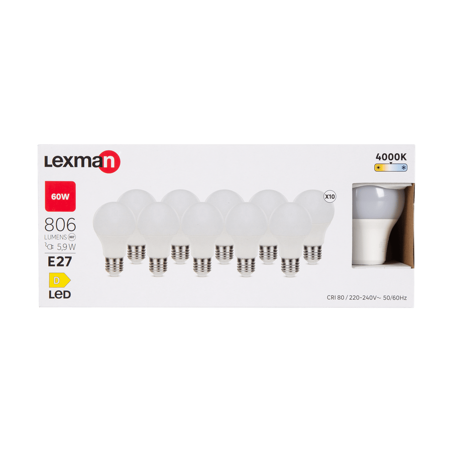 10 E27 LED bulbs = 60W, frosted teardrop shape, natural light