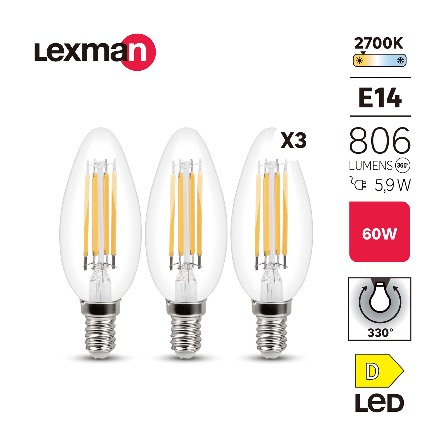 3 LED BULBS E14=60W CANDLE CLEAR WARM LIGHT