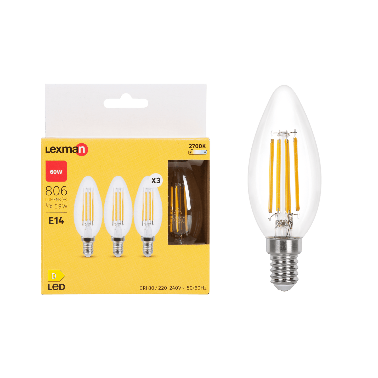 3 LED BULBS E14=60W CANDLE CLEAR WARM LIGHT