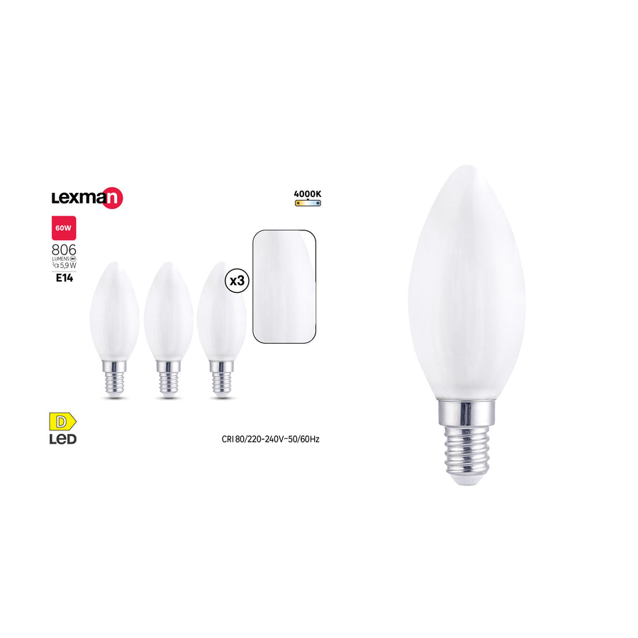 3 LED BULBS E14 =60W CANDLE FROSTED NATURAL LIGHT