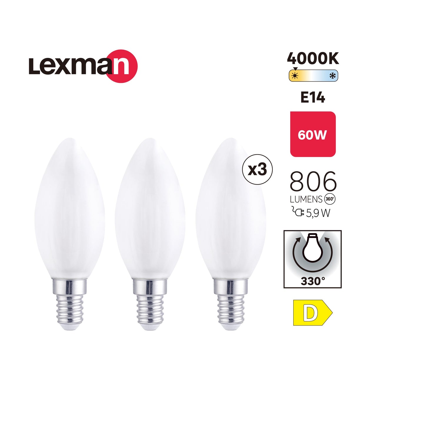 3 LED BULBS E14 =60W CANDLE FROSTED NATURAL LIGHT