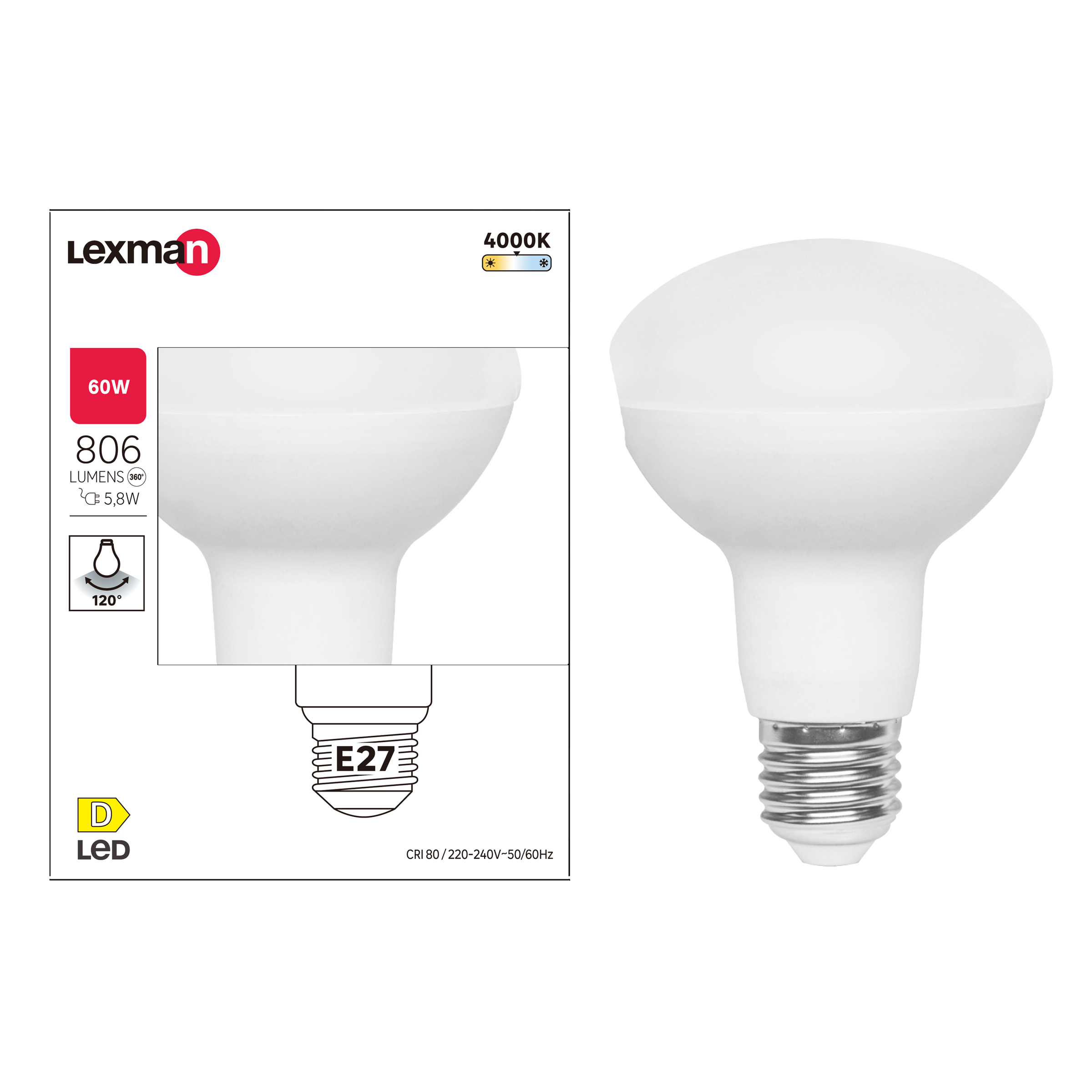 LED BULB E27=60W R80 NATURAL LIGHT