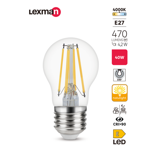 LAMPADINA LED NATULIGHT E27=40W SFERA TRASPARENTE LUCE NATURALE