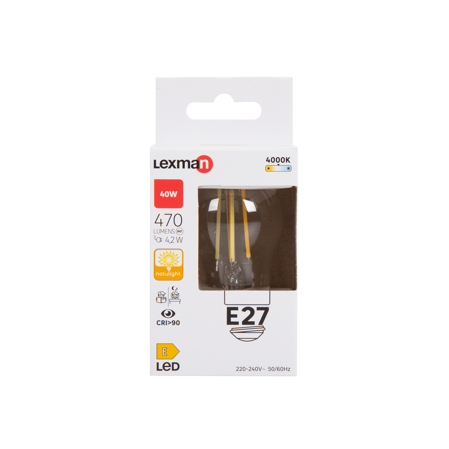 LAMPADINA LED NATULIGHT E27=40W SFERA TRASPARENTE LUCE NATURALE