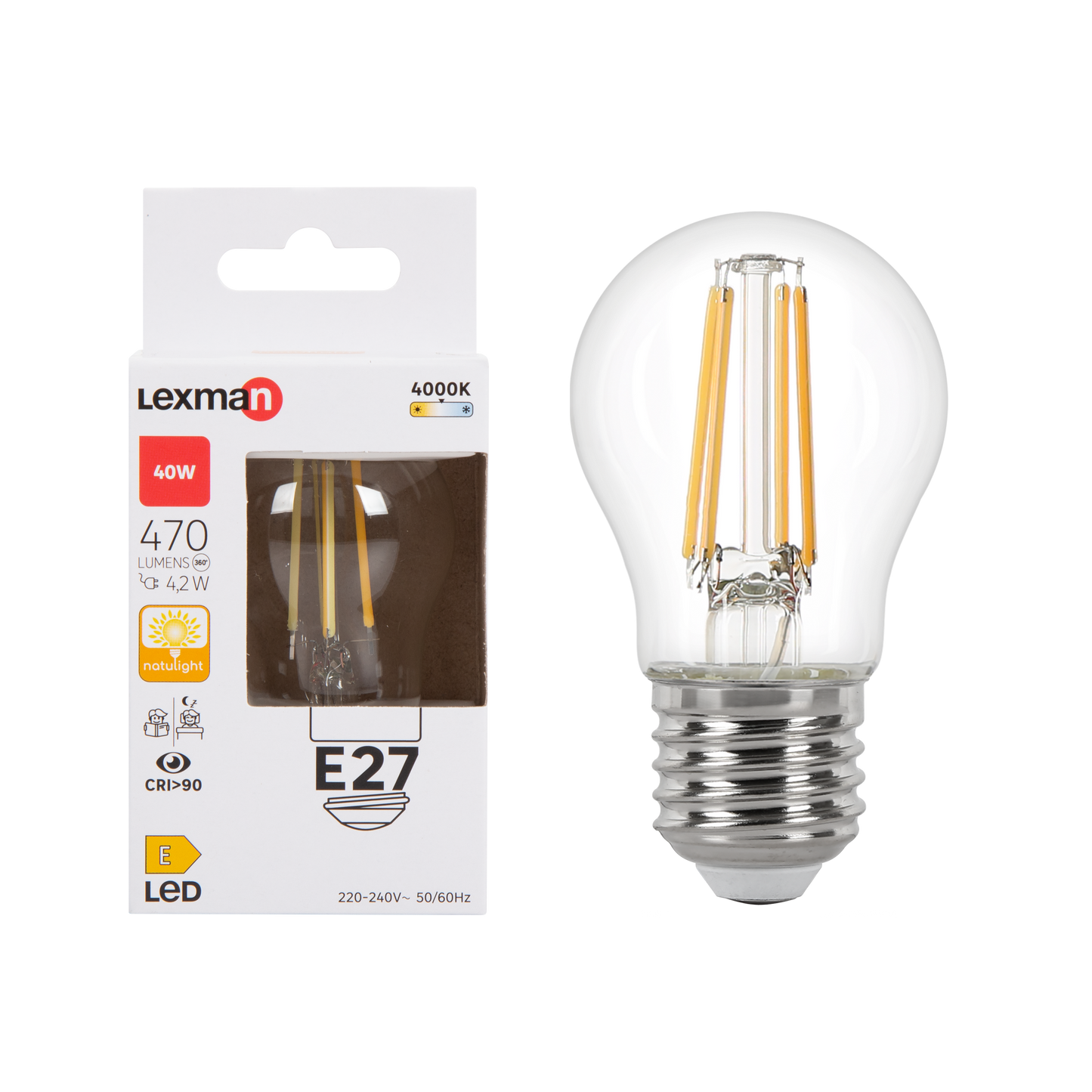 LAMPADINA LED NATULIGHT E27=40W SFERA TRASPARENTE LUCE NATURALE