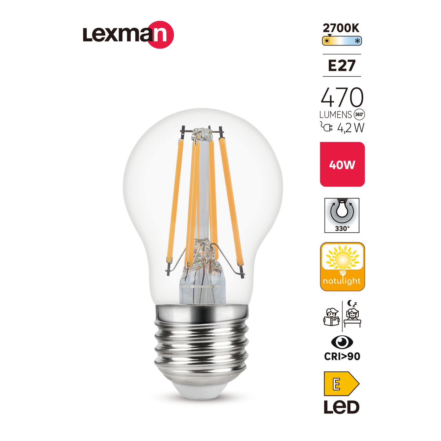 LAMPADINA LED NATULIGHT E27=40W SFERA TRASPARENTE LUCE CALDA