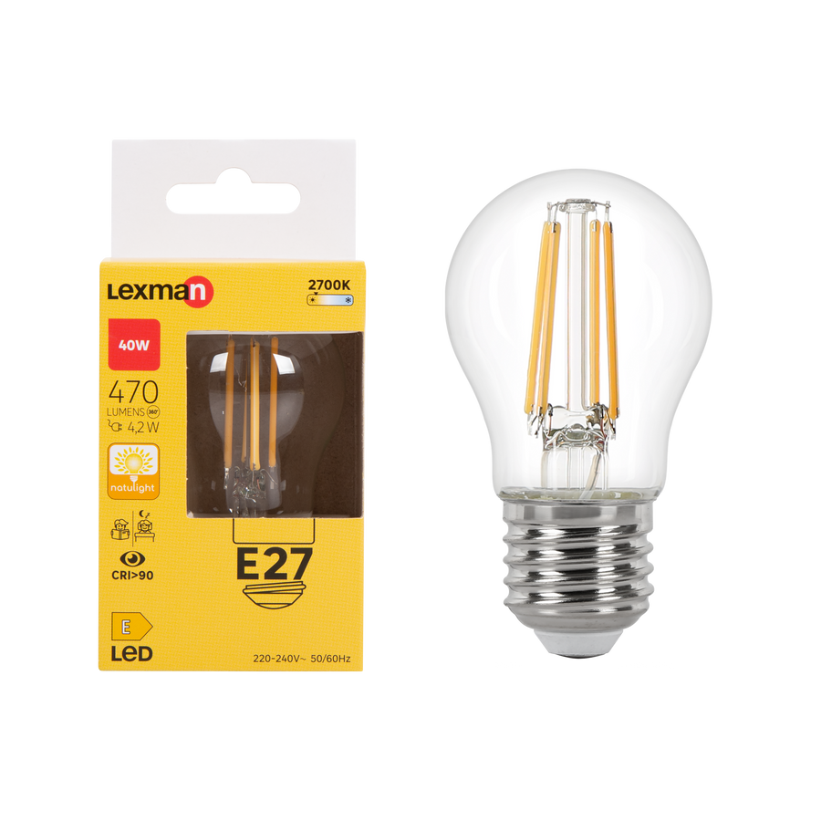 LAMPADINA LED NATULIGHT E27=40W SFERA TRASPARENTE LUCE CALDA