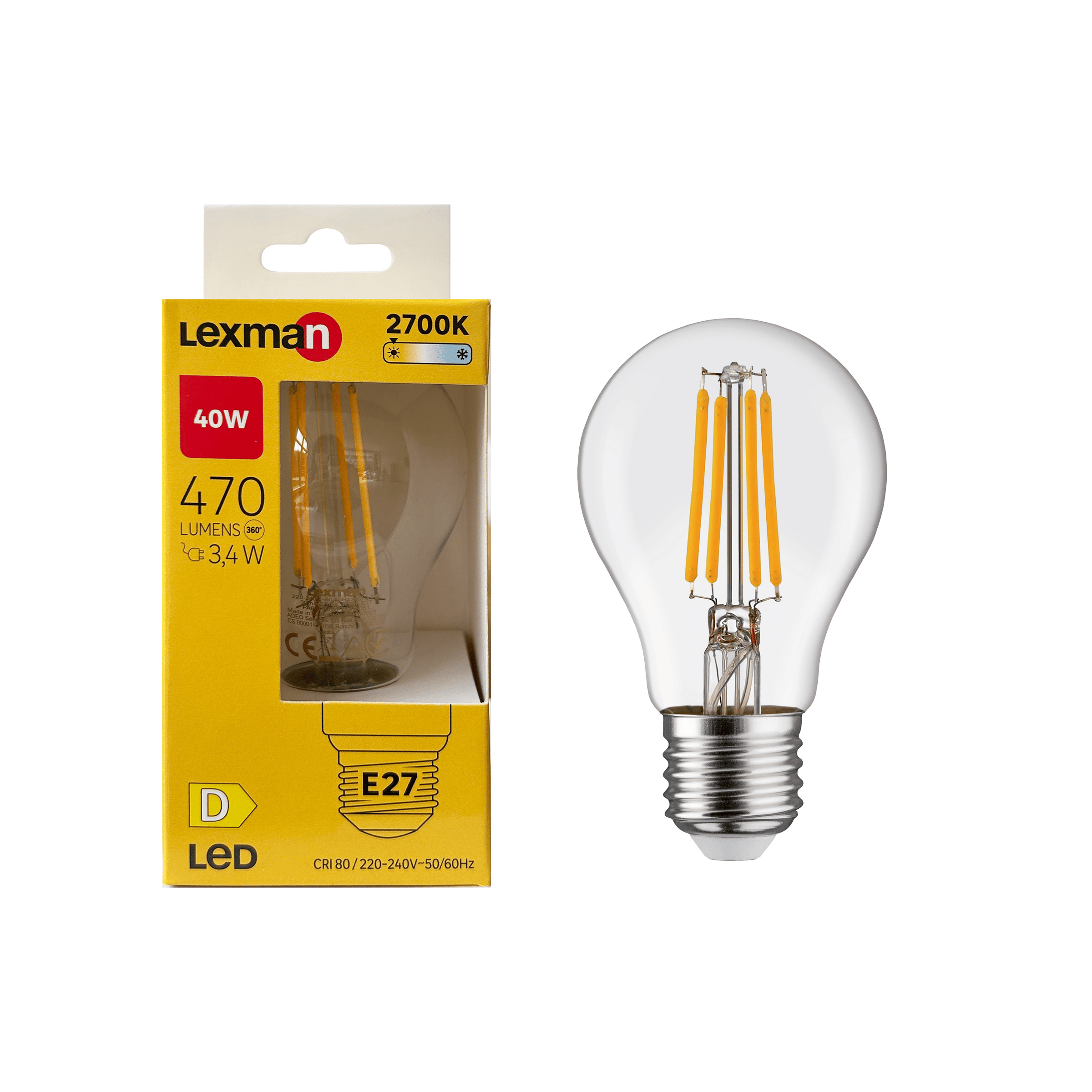 LED BULB E27=40W DROP TRANSPARENT WARM LIGHT