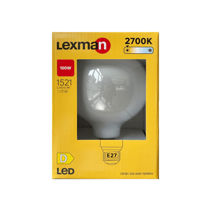 E27 LED bulb = 100W, large frosted globe, warm light