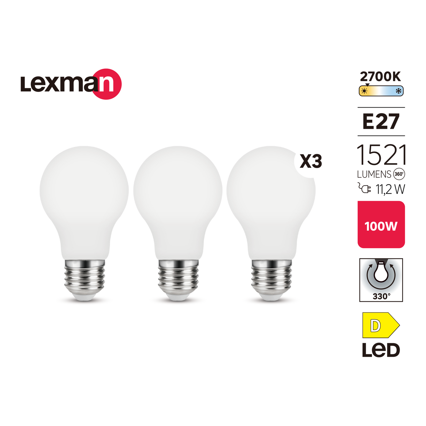 3 LED BULBS E27=100W DROP FROSTED WARM LIGHT