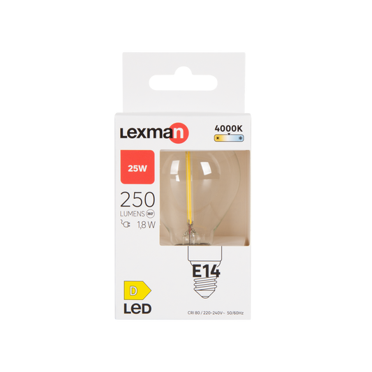 E14 LED bulb, 25W, clear globe, natural light